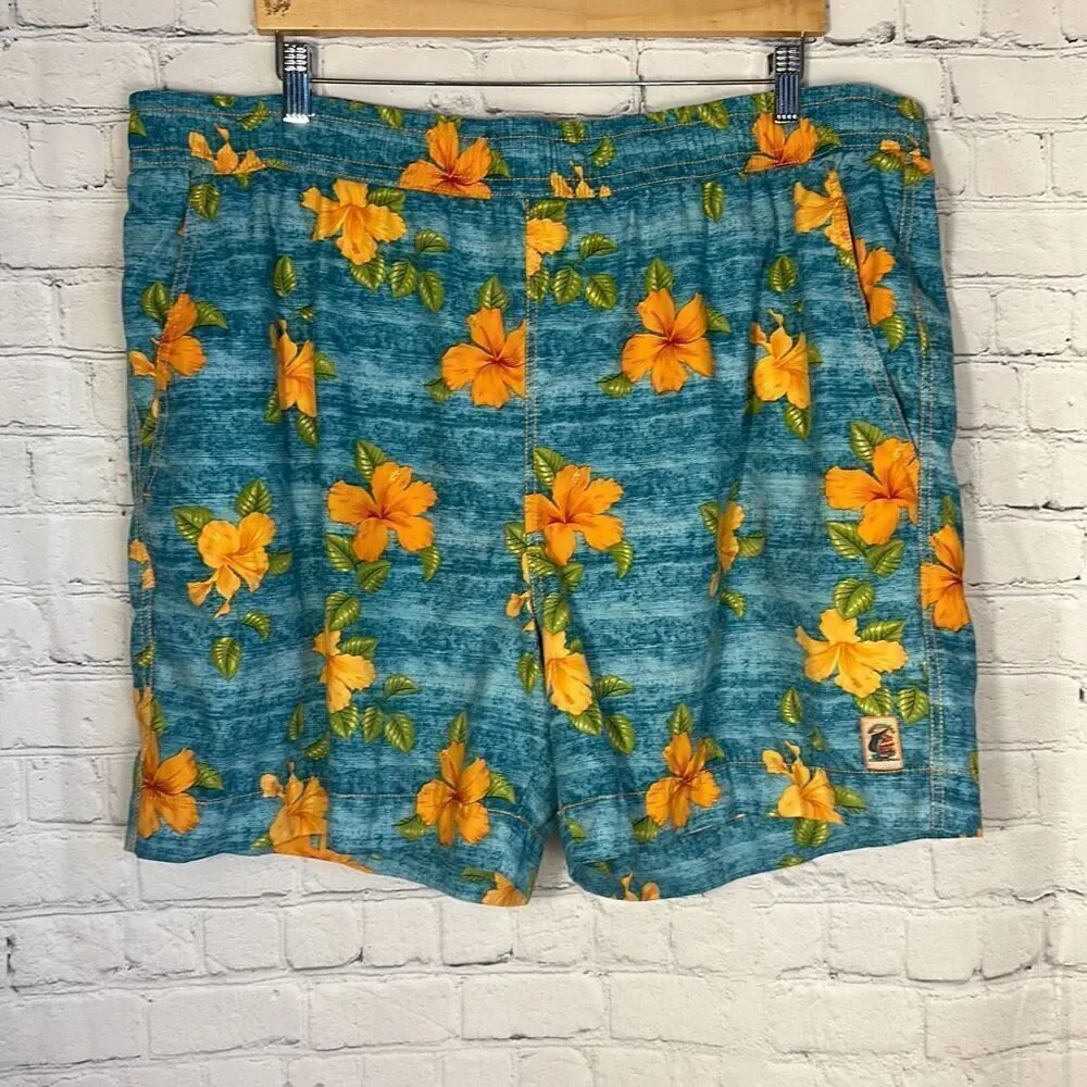 Tommy‎ Bahama Swim Trunks Blue Orange Floral Swimwear size XL Polyester
